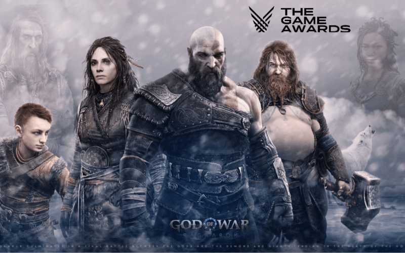 Kratos, Thor, and other characters from God of War Ragnarok under The Game Awards logo