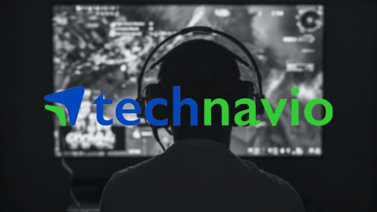Technavio logo over a blurred black-and-white image of an online gamer