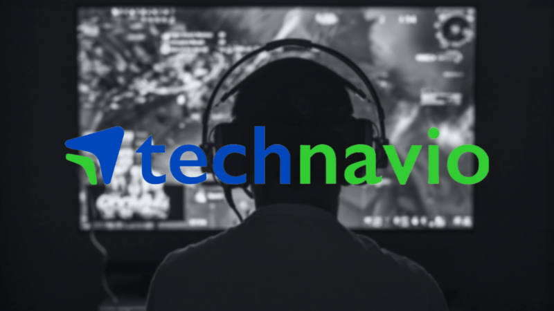 Technavio logo over a blurred black-and-white image of an online gamer