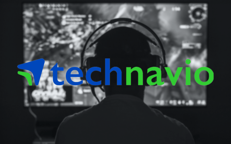 Technavio logo over a blurred black-and-white image of an online gamer