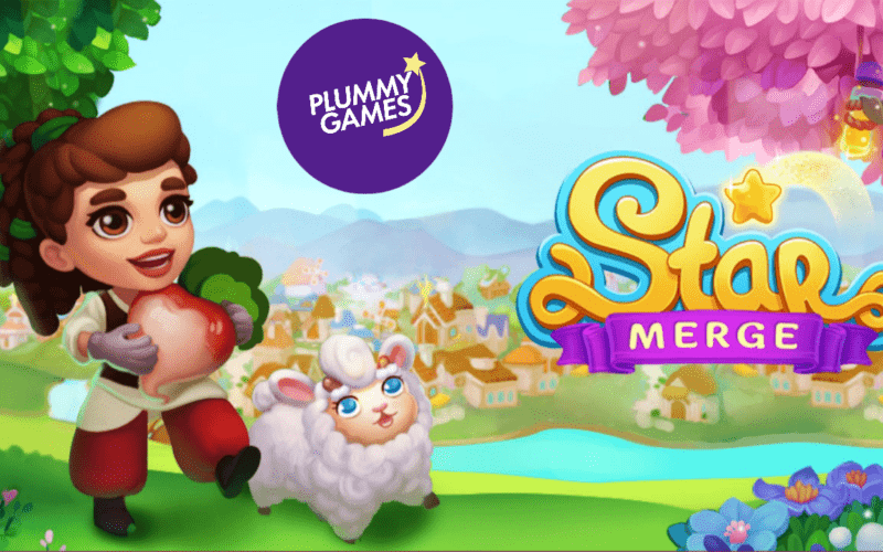 A female character and a sheep from Star Merge next to the Plummy Games logo and Star Merge logo