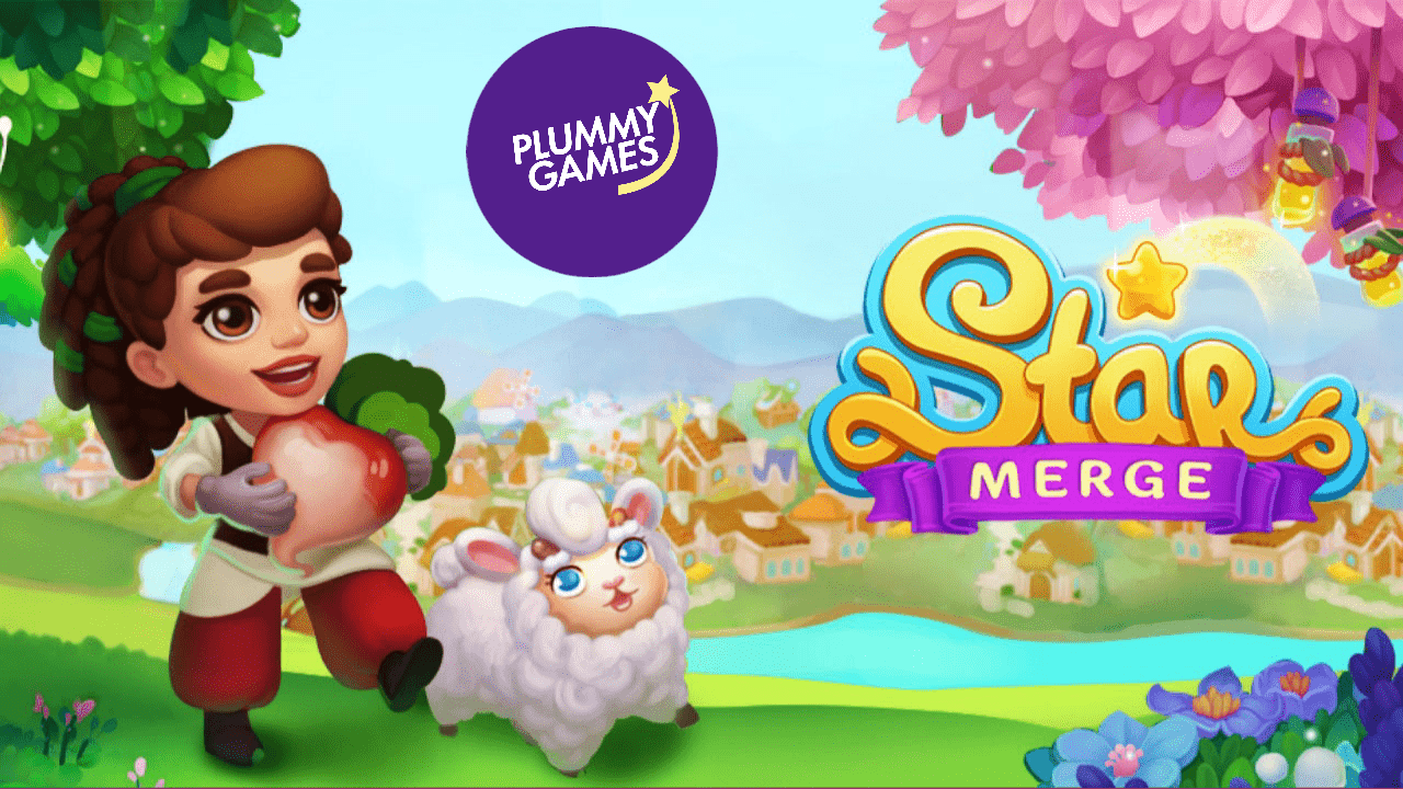 A female character and a sheep from Star Merge next to the Plummy Games logo and Star Merge logo