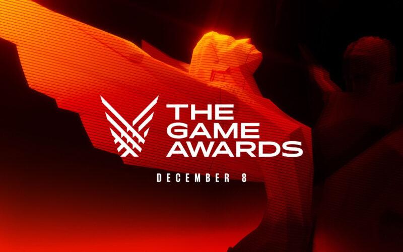 The Game Awards logo in front of a red background with an award statue
