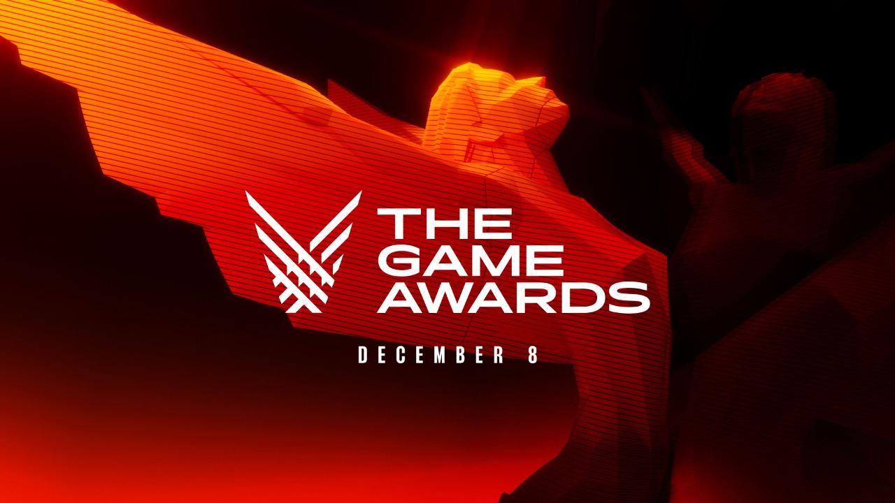 The Game Awards logo in front of a red background with an award statue