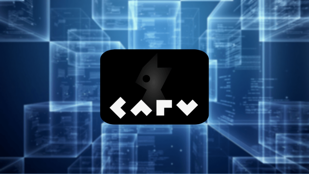 CARV logo over a blue background of blockchain data
