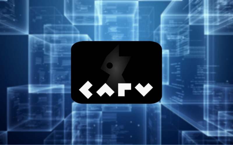 CARV logo over a blue background of blockchain data