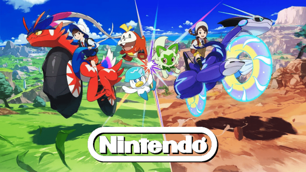 Characters from Pokémon Scarlet and Violet over a white Nintendo logo