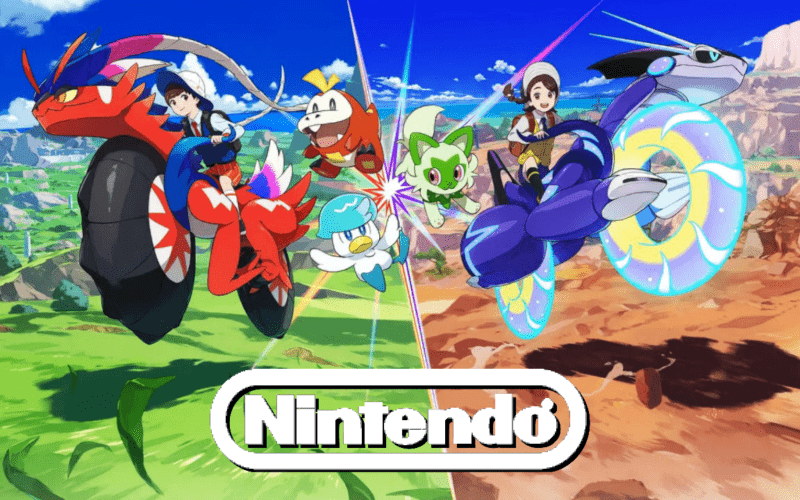 Characters from Pokémon Scarlet and Violet over a white Nintendo logo