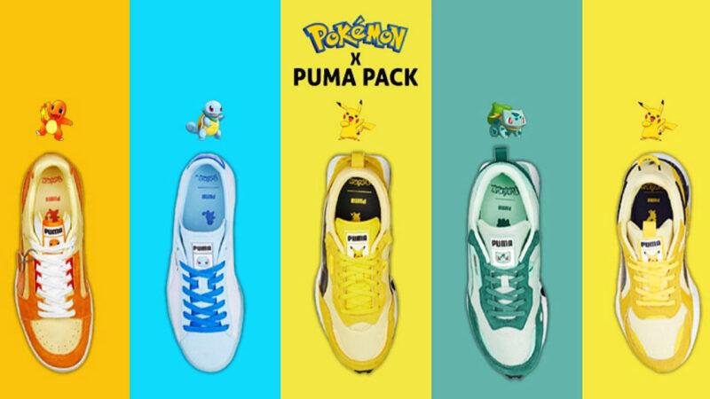 Pokémon x Puma Pack logo over Pokémon-themed Puma sneakers