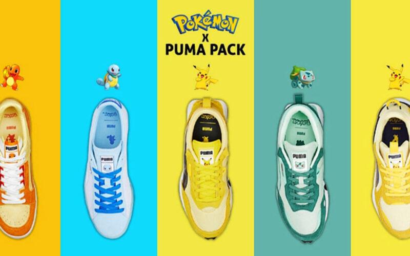 Pokémon x Puma Pack logo over Pokémon-themed Puma sneakers