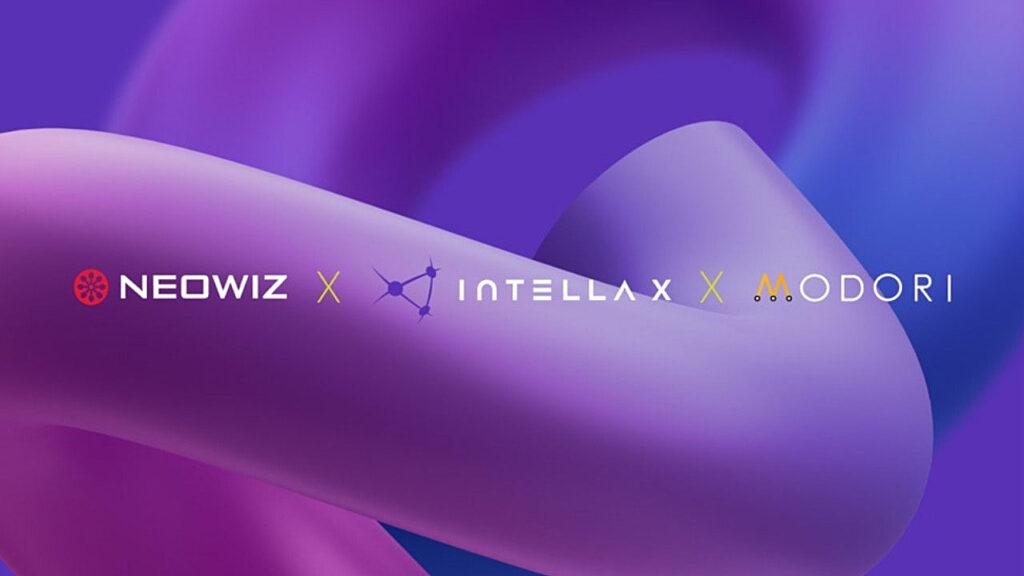 Neowiz, Intella X, and Modori logos over an abstract purple background