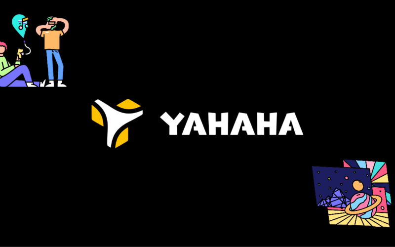 Doodles of partying people and different planets, with YAHAHA logo in the middle