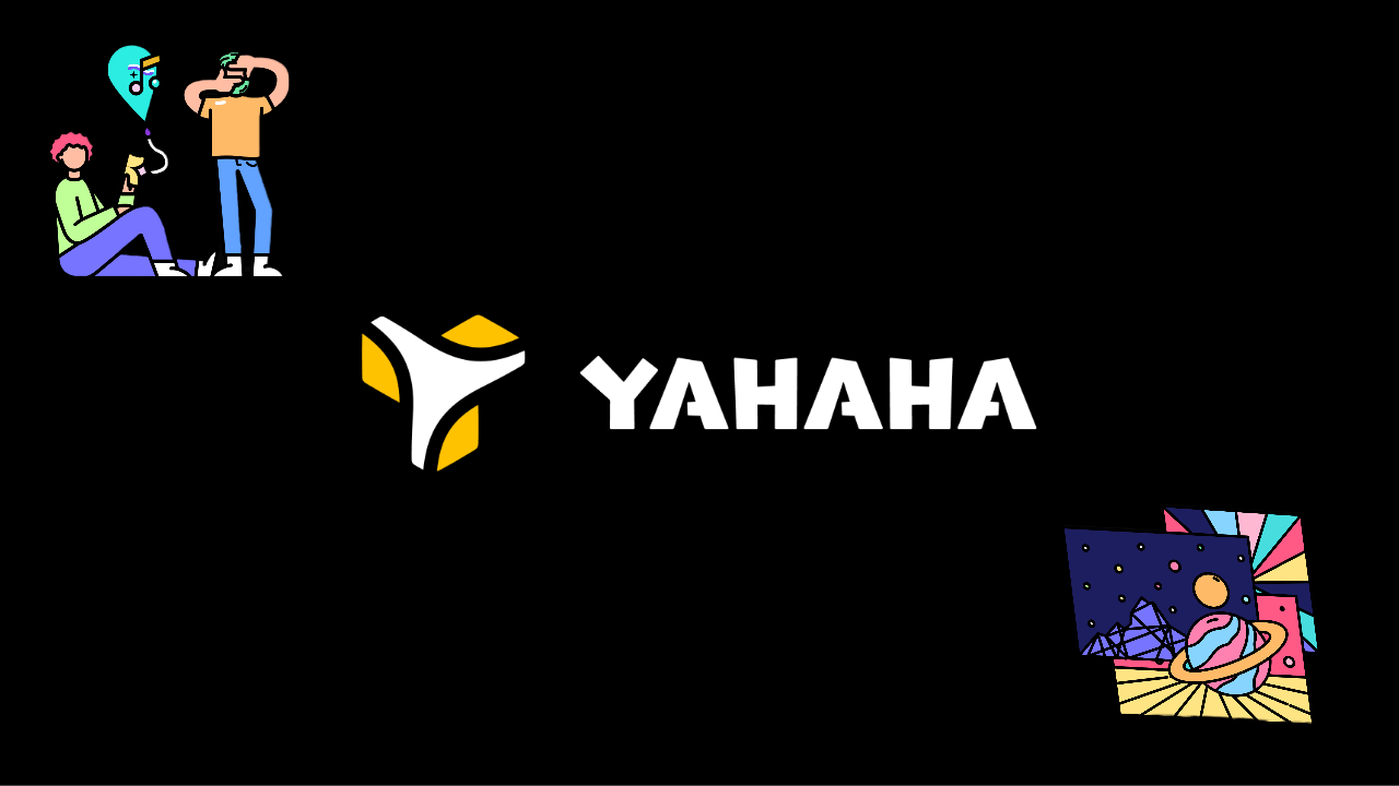 Doodles of partying people and different planets, with YAHAHA logo in the middle