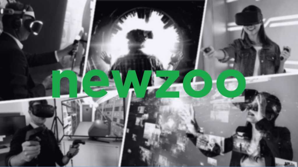 Newzoo logo over blurred black-and-white images of people using VR headsets