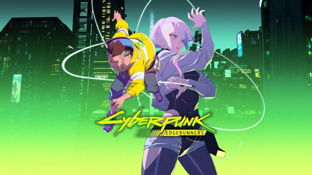 David Martinez and Lucy from Cyberpunk: Edgerunners over the Cyberpunk: Edgerunners logo