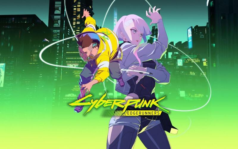 David Martinez and Lucy from Cyberpunk: Edgerunners over the Cyberpunk: Edgerunners logo