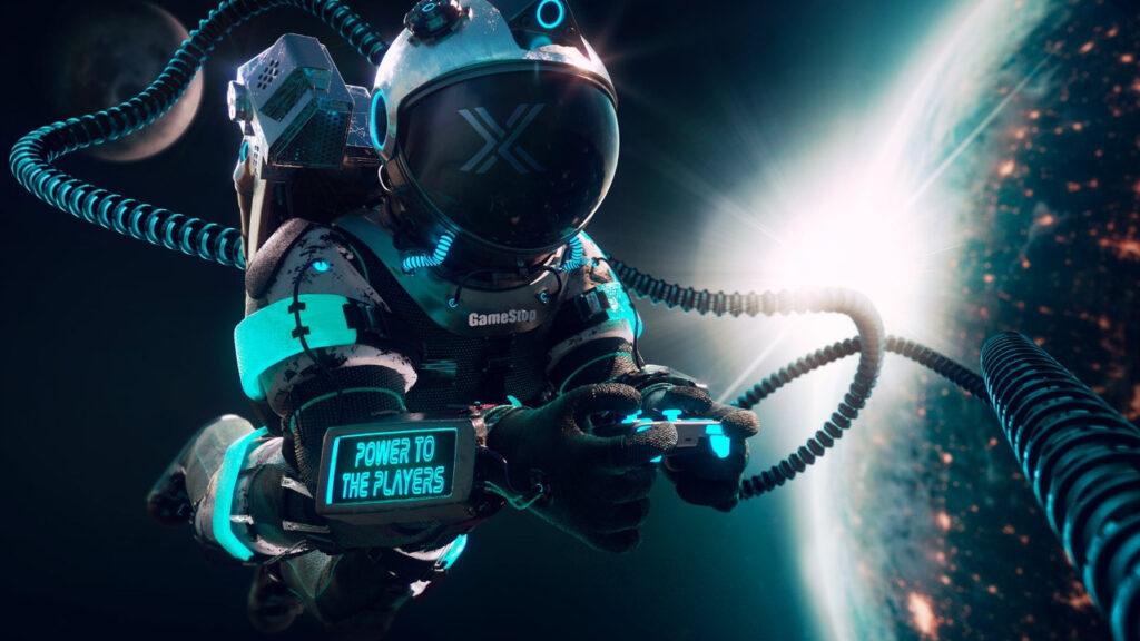 An astronaut in outer space with the Immutable X logo on his helm and GameStop logo on his chest