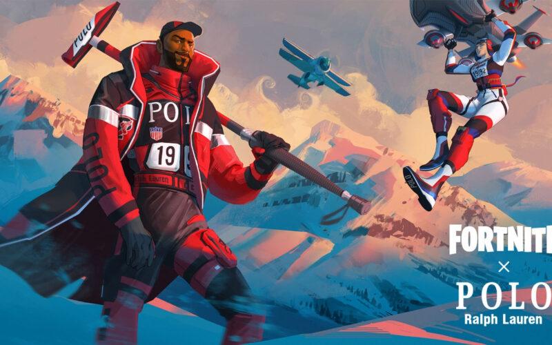 Fortnite characters next to Fortnite and Polo Ralph Lauren logos over a mountain background