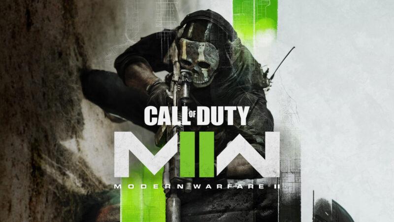 Call of Duty: Modern Warfare 2 logo over a soldier with a skull mask aiming downward