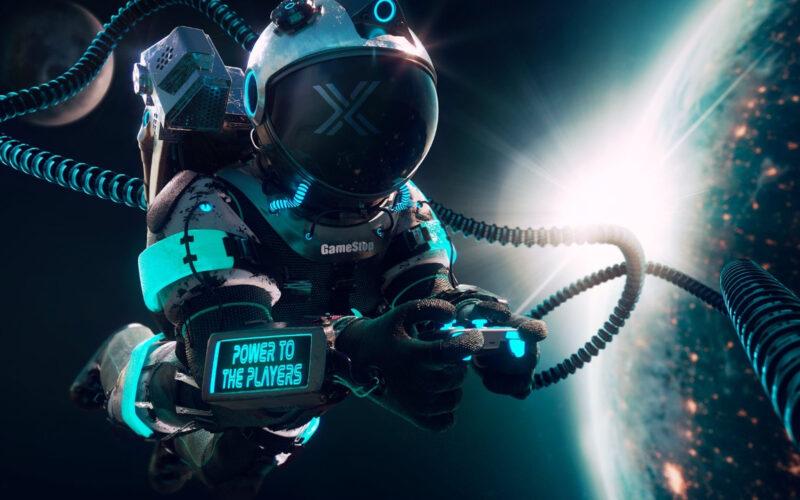 An astronaut in outer space with the Immutable X logo on his helm and GameStop logo on his chest