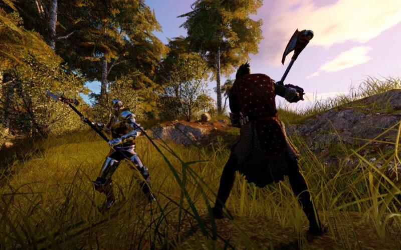 Two characters from Camelot Unchained getting ready to fight on a hill