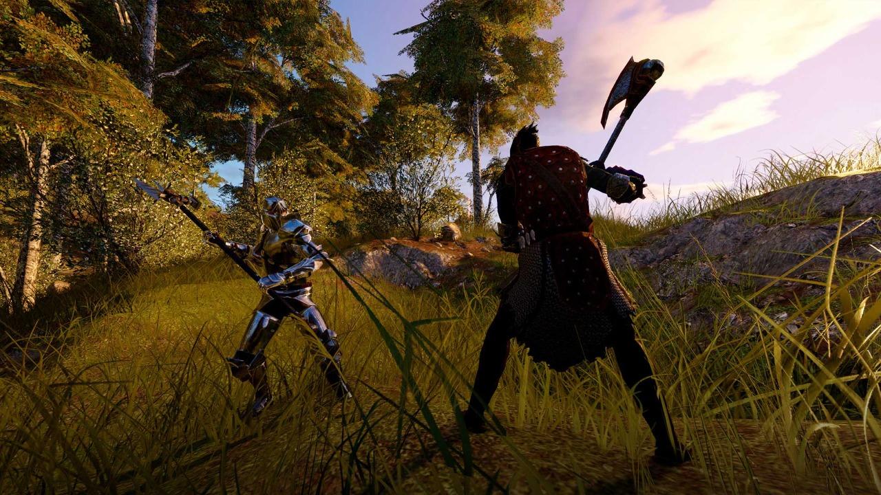 Two characters from Camelot Unchained getting ready to fight on a hill
