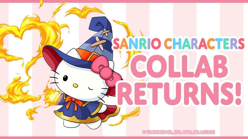 A cartoonish wizard cat standing next to the 'sandri characters collab returns' text