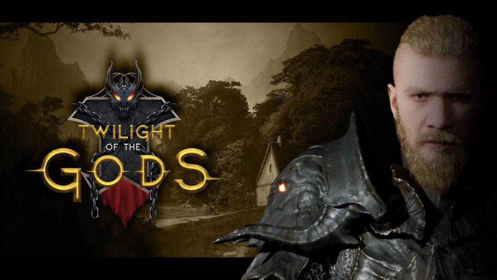 twilight of the gods logo on left and in game character on the right