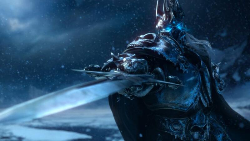 Arthas Menenthil, The Lich King is posing with his sword Frostmourn in Northrend.