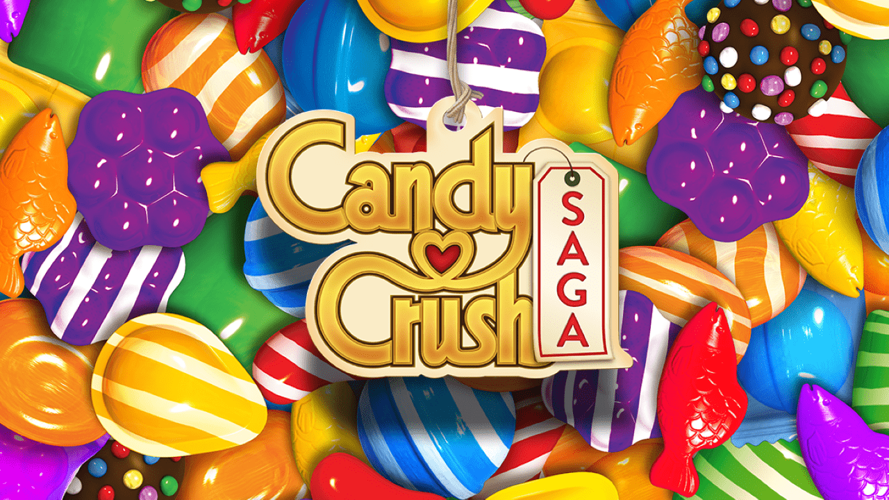 Candy Crush logo, with a backdrop of a lot of candies.