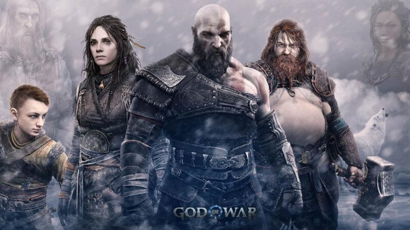 god of war chracters standing next to each other including atreus, kratos, thor