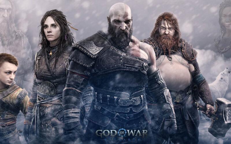 god of war chracters standing next to each other including atreus, kratos, thor