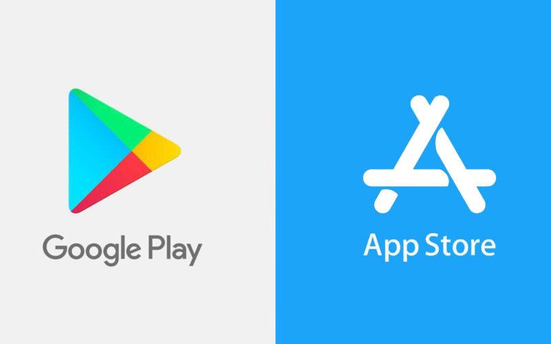 google play logo on left, app store logo on right