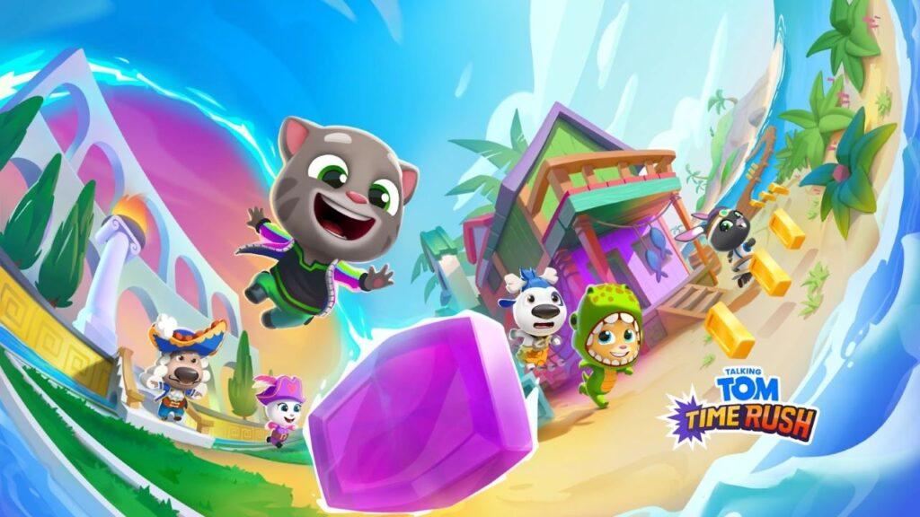 Talking tom and friends running towards a purple gem on a shore
