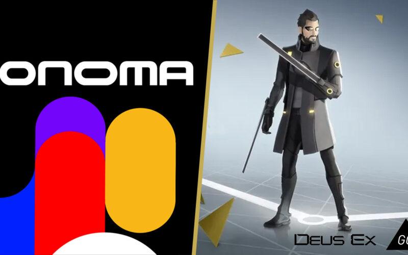 Onoma logo on the left, deux ex character on the right