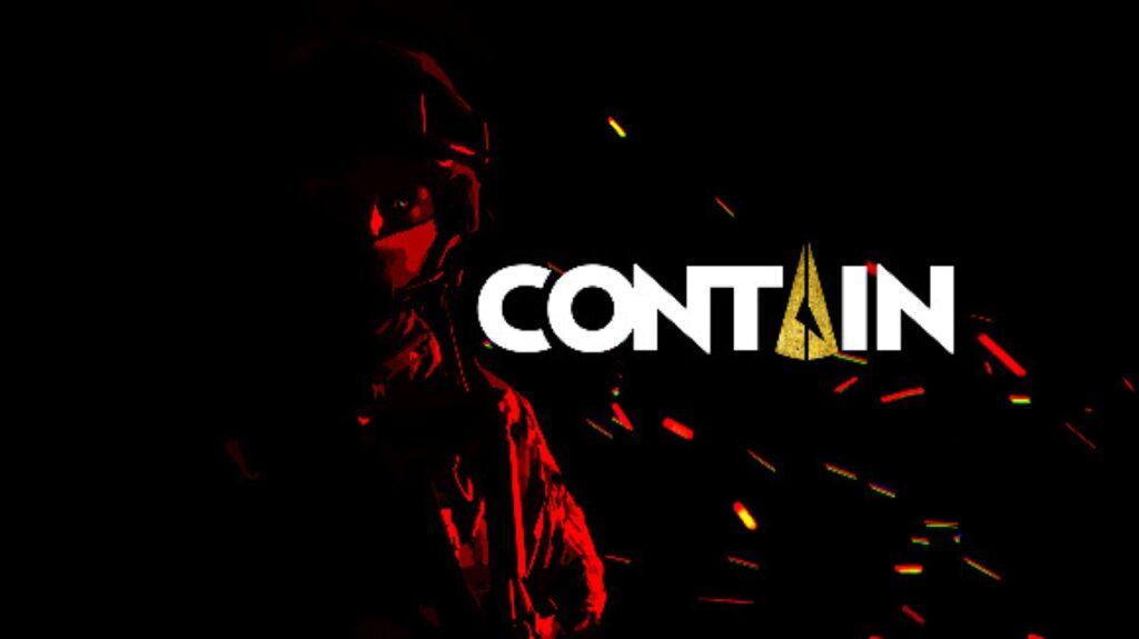 Contain Logo, with a red tinted picture of a soldier