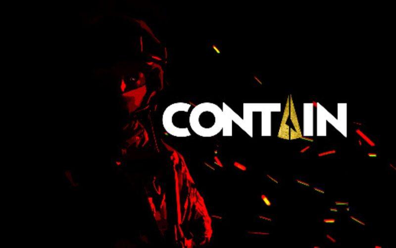 Contain Logo, with a red tinted picture of a soldier