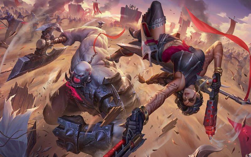 Urgot and Samira charging at enemies while an army follows them into battle