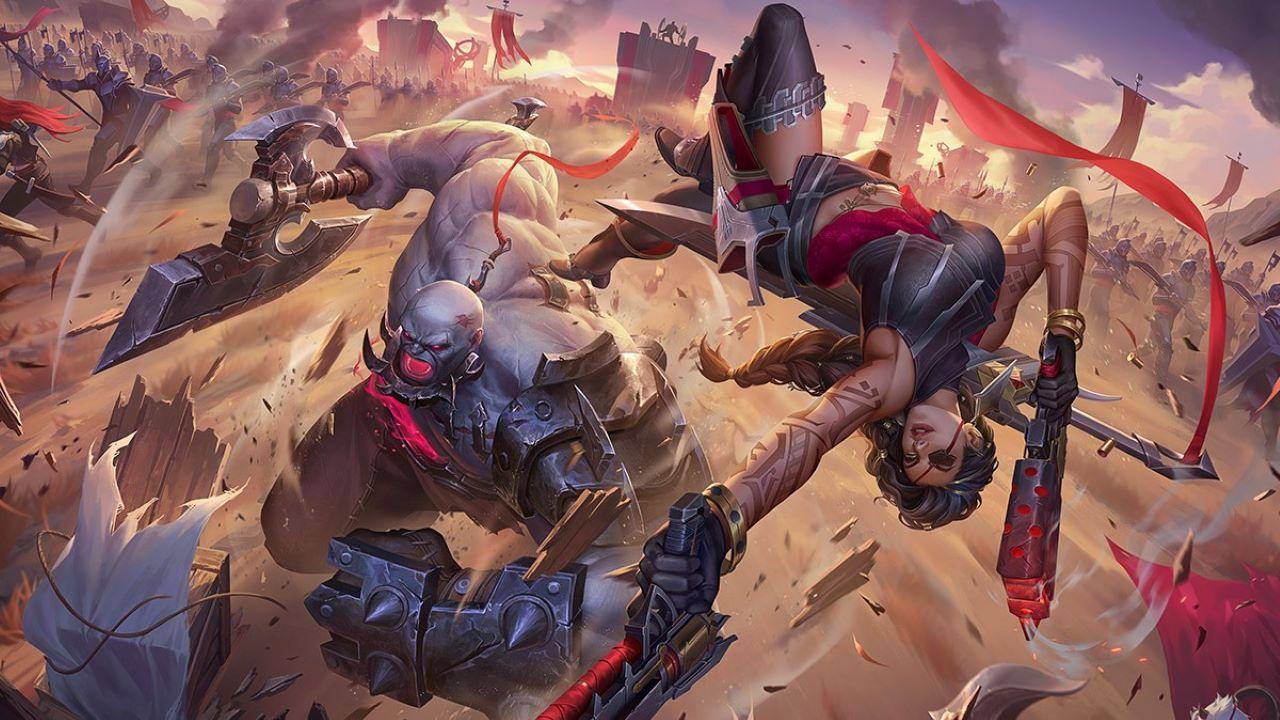 Urgot and Samira charging at enemies while an army follows them into battle