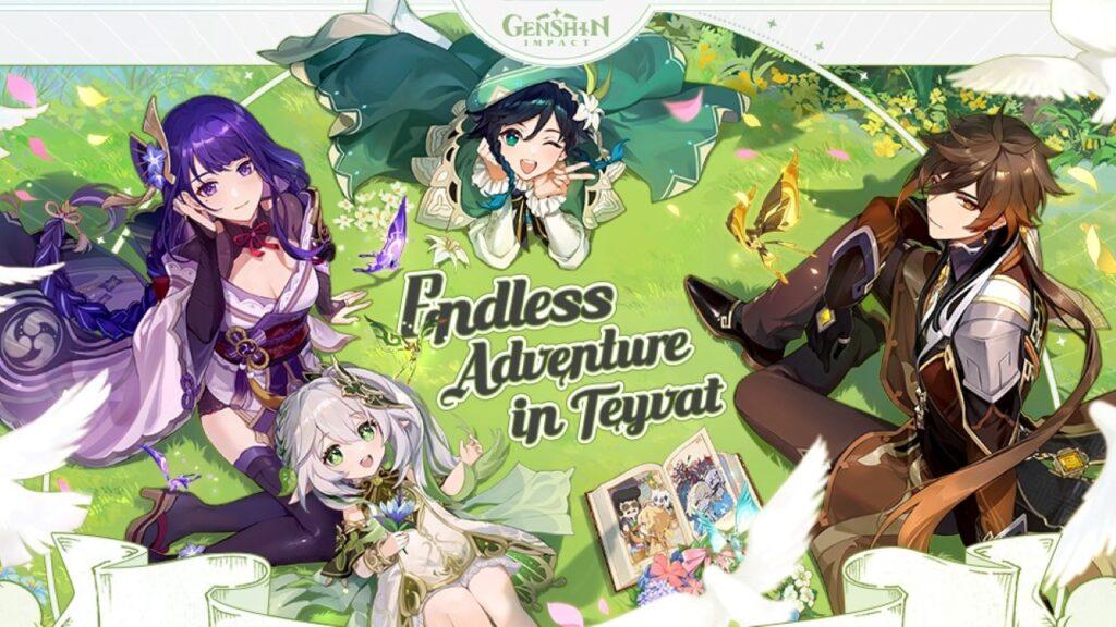 Raiden Ei, Zhongli, Venti and Nahida sitting on gross covered ground, looking up at the camera, smiling