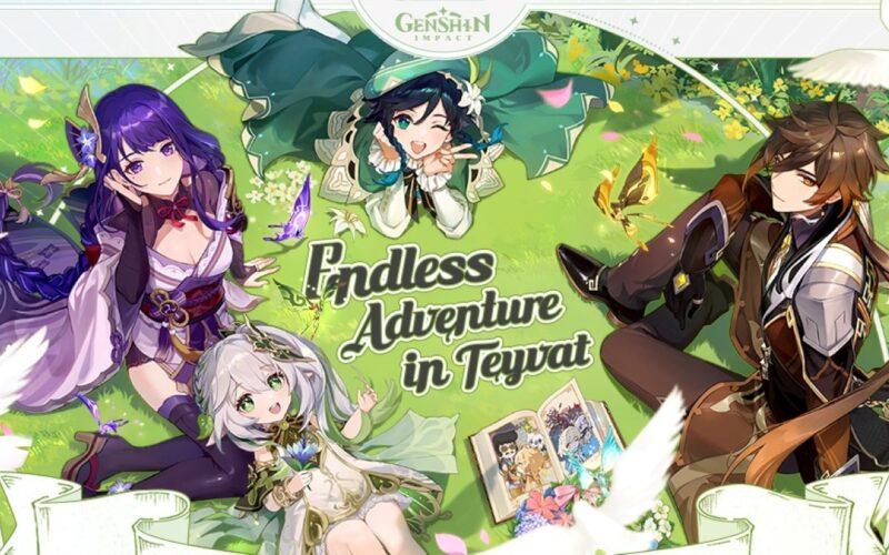 Raiden Ei, Zhongli, Venti and Nahida sitting on gross covered ground, looking up at the camera, smiling