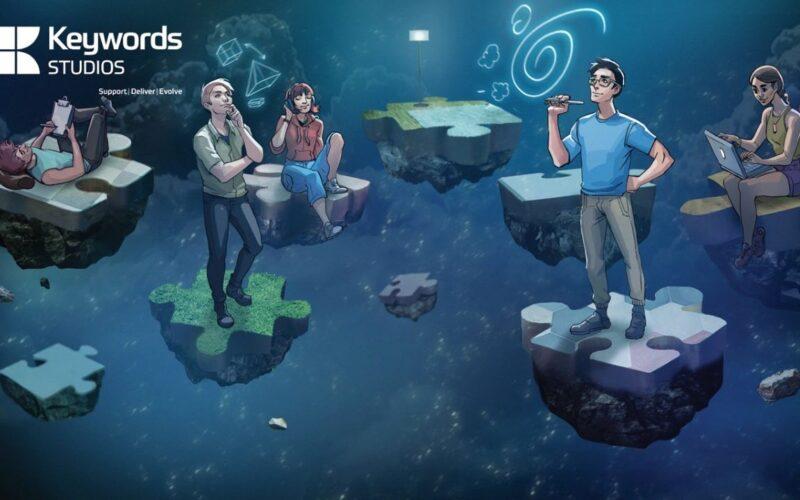 A drawing of several people standing on small floating rocks shaped like puzzle peices