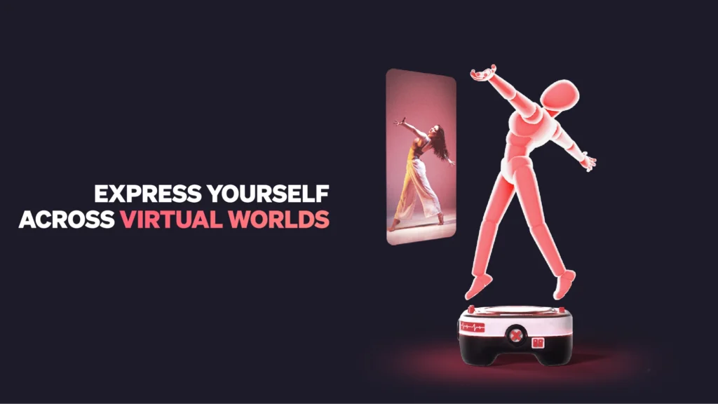 A woman dancing on a phone screen, and the same action being performed by a hologram, with the words "express yourself in virtual worlds" written next to it