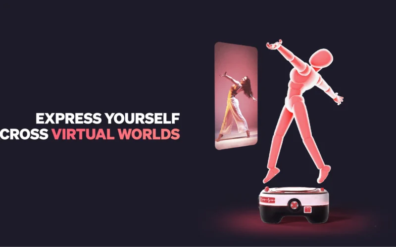 A woman dancing on a phone screen, and the same action being performed by a hologram, with the words "express yourself in virtual worlds" written next to it