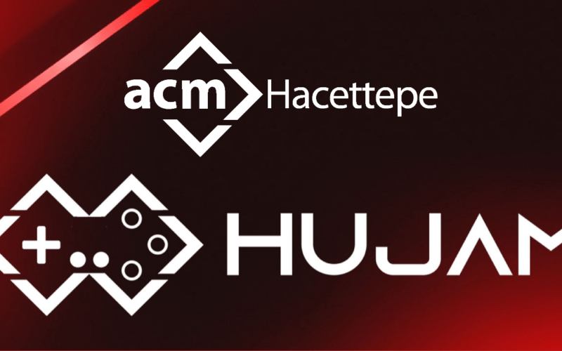 Kırmızı arka plan üzerinde ACM Hacettepe ve HUJAM logoları