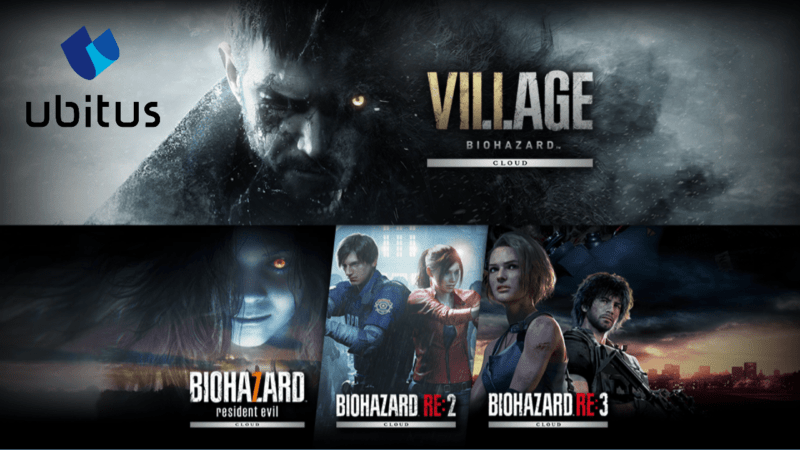 Ubitus logo next to cover arts from Resident Evil 2 Cloud, Resident Evil 3 Cloud, Resident Evil 7 Cloud, and Resident Evil Village Cloud