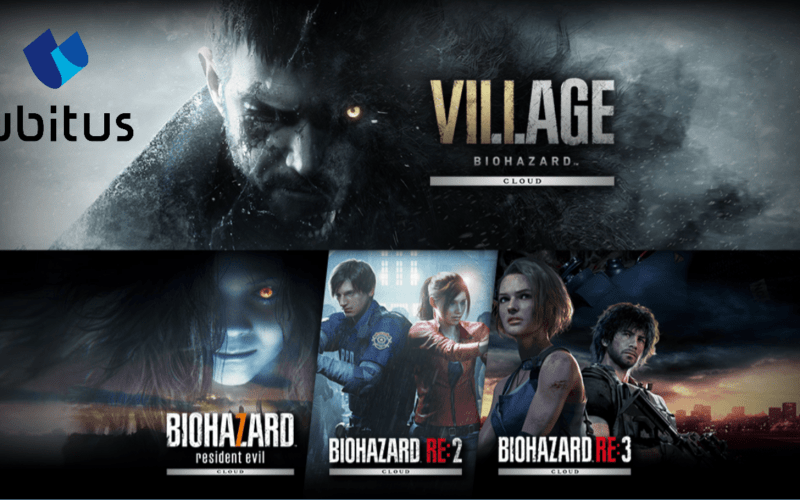 Ubitus logo next to cover arts from Resident Evil 2 Cloud, Resident Evil 3 Cloud, Resident Evil 7 Cloud, and Resident Evil Village Cloud