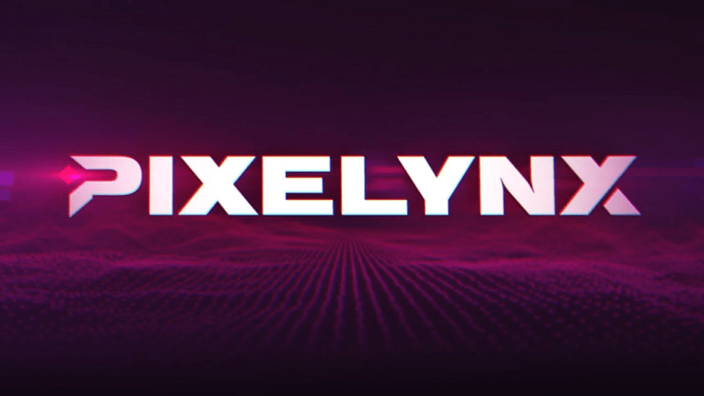 Pixelynx logo over a cloudy and violet background