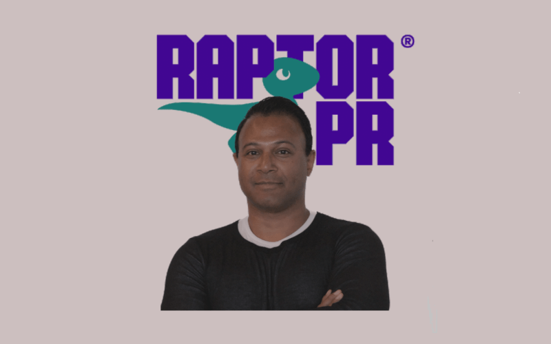 A headshot of Rana Rahman under the Raptor PR logo over a grey background