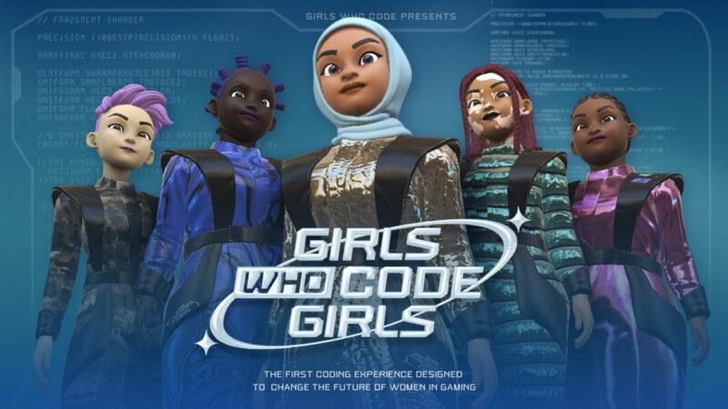 Diverse female characters over the Girls Who Code Girls logo